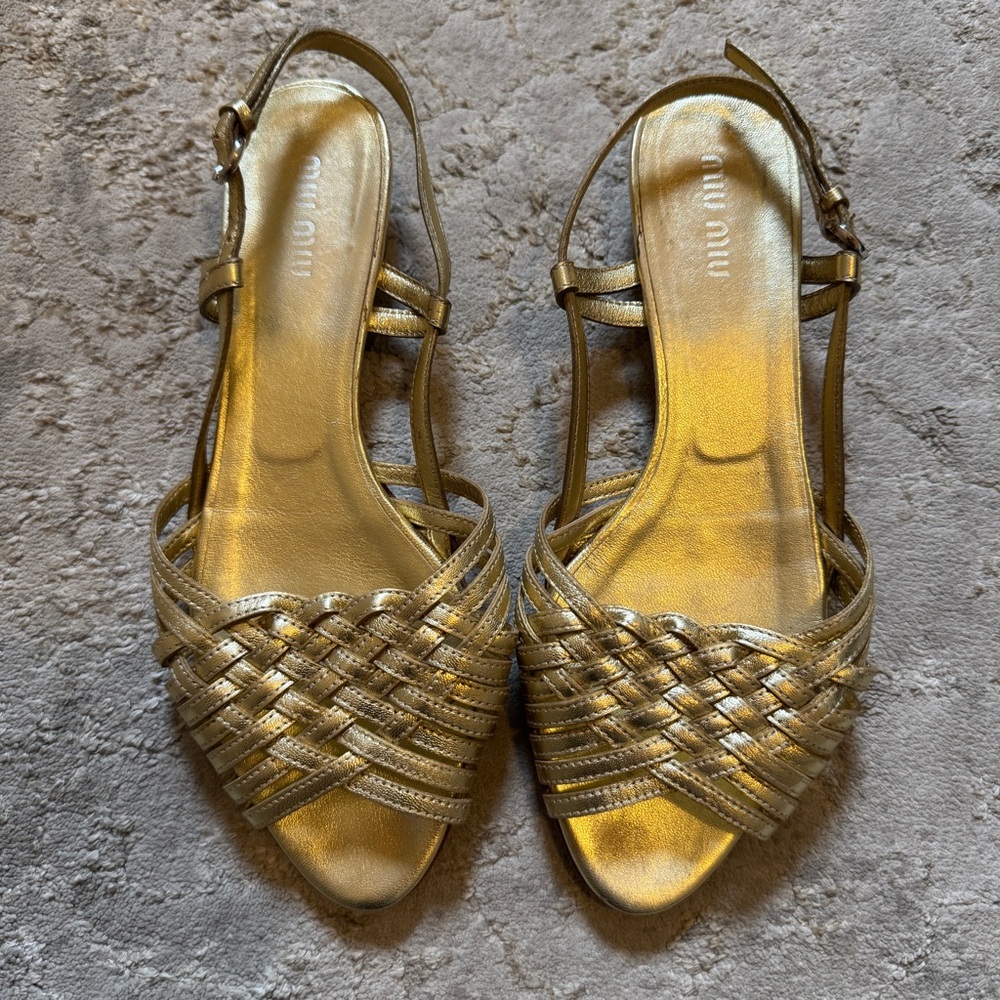 Miu Miu Metallic Gold braided Strappy Sandals EU 37.5 US 7.5